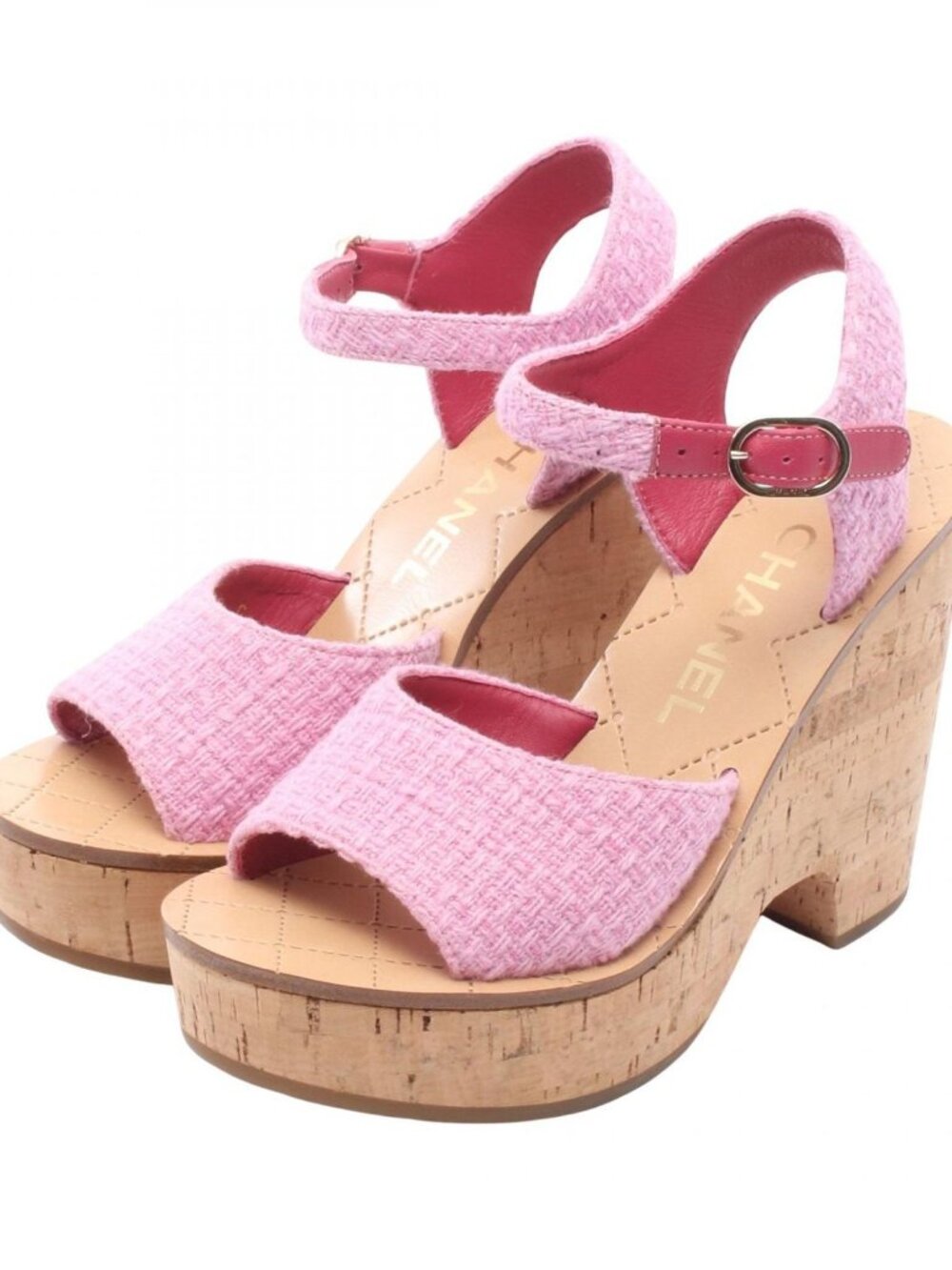 Chanel Sandals CC Logo Wedge Sole Pink Fabric